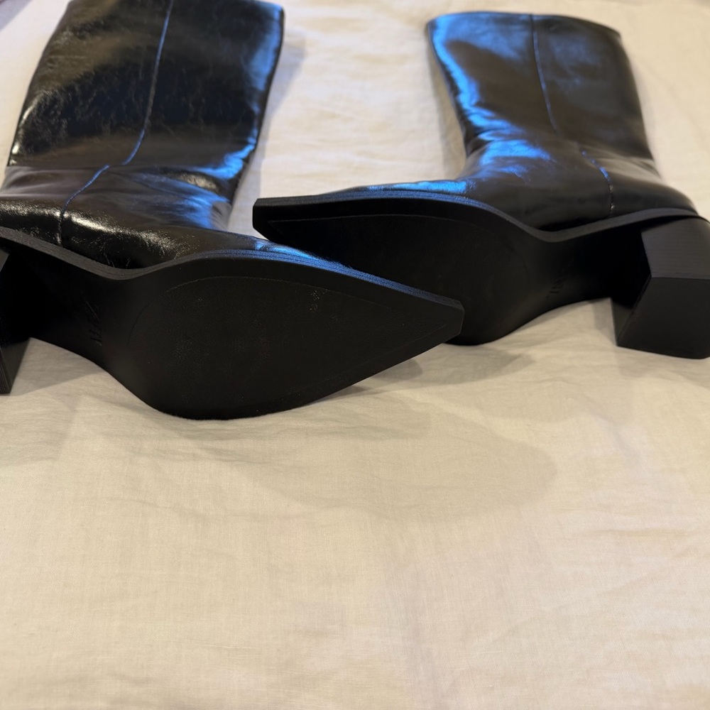 Zara Shiny Black Mid-Calf Leather Heeled Boots - Picture 4 of 6